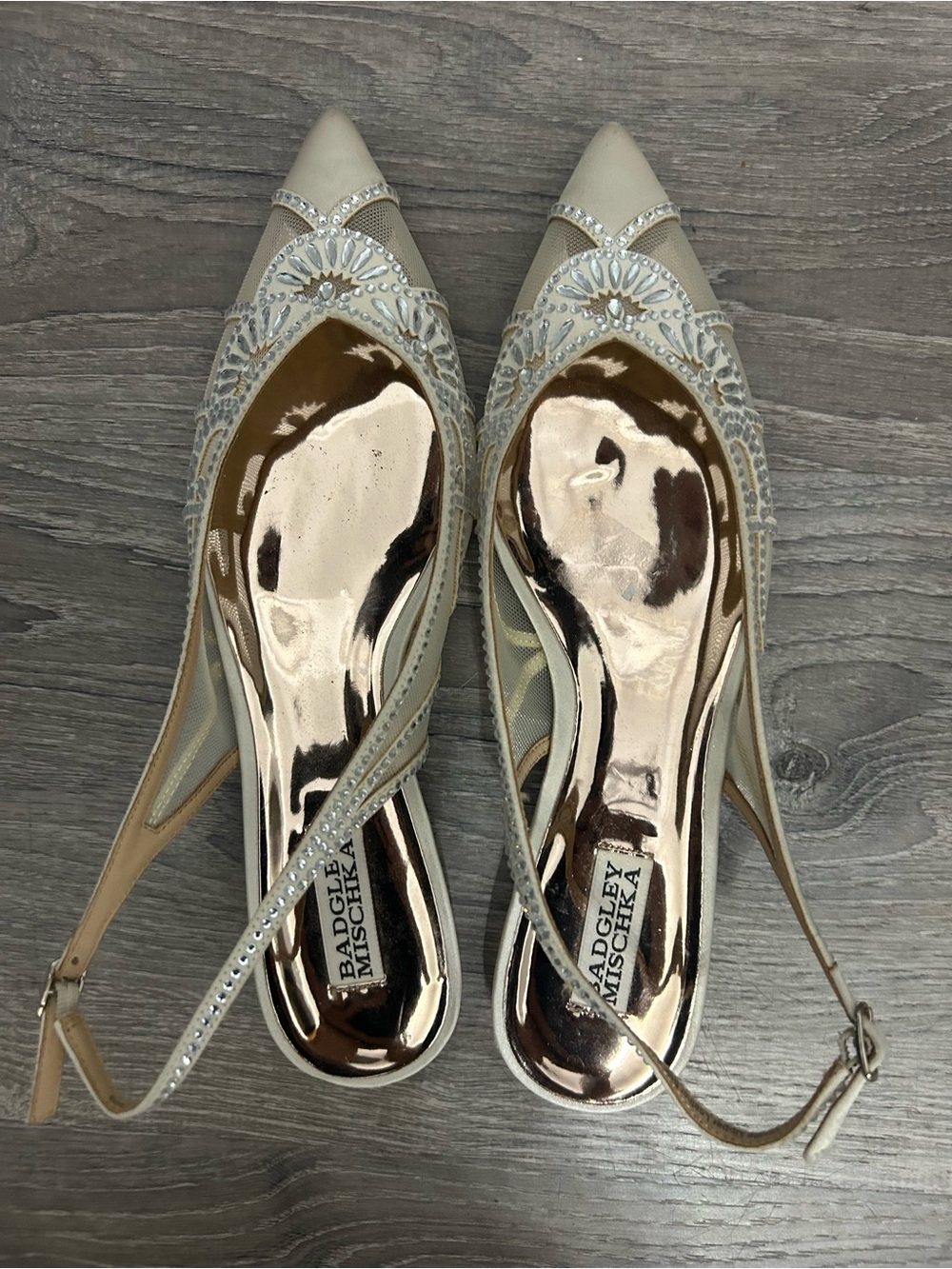 Badgley Mischka Champagne Beaded Pointed Toe Slingback Heels
